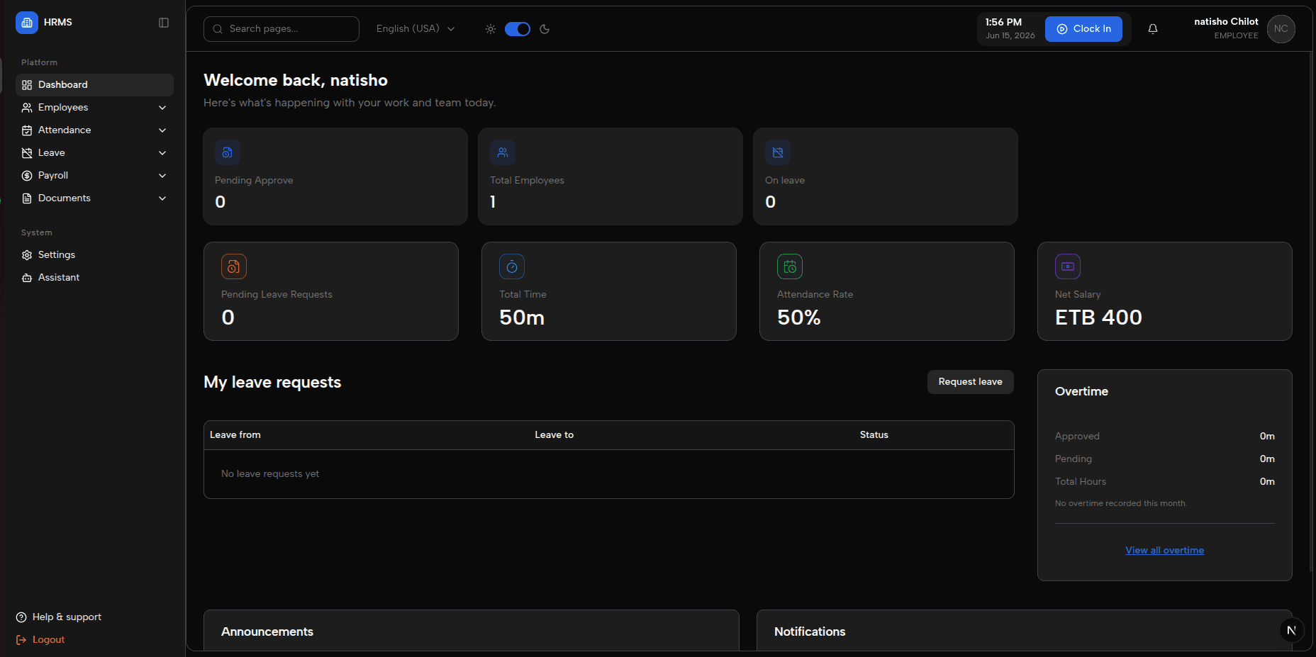 HRMS dashboard preview showing employee analytics, attendance, and payroll overview